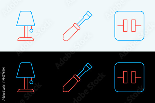 Set line Electrolytic capacitor, Table lamp and Screwdriver icon. Vector