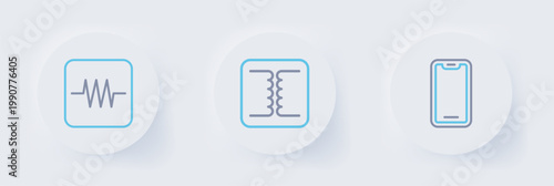 Set line Mobile phone, Electrical transformer and Resistor in electronic circuit icon. Vector