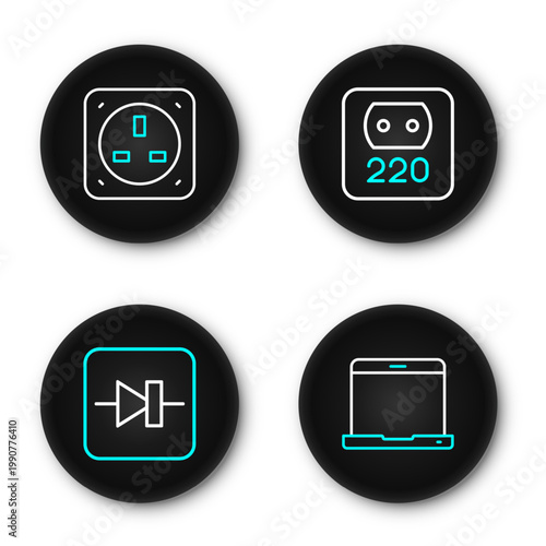 Set line Laptop, Diode in electronic circuit, Electrical outlet and icon. Vector