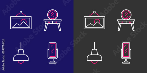 Set line Big full length mirror, Lamp hanging, Dressing table and Picture icon. Vector