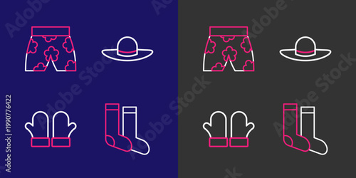 Set line Socks, Christmas mittens, Elegant women hat and Swimming trunks icon. Vector