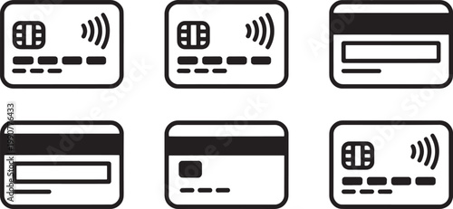 Credit cards featuring contactless payment chips and magnetic stripes are arranged in a organized grid to represent modern digital finance and secure electronic transaction methods for consumers.