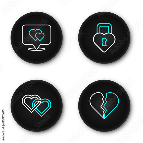 Set line Broken heart or divorce, Two Linked Hearts, Castle the shape of and Location with icon. Vector