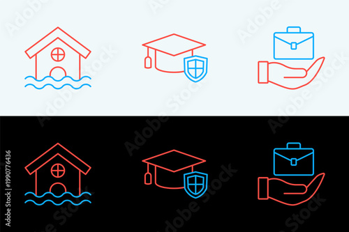 Set line Hand holding briefcase, House flood and Graduation cap with shield icon. Vector