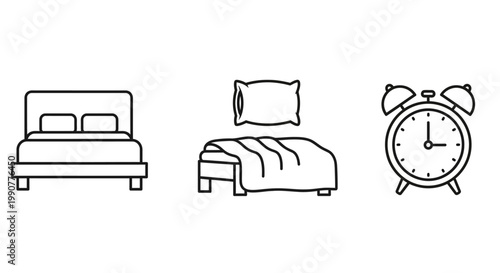 Minimalist Line Art of Beds and Alarm Clock for Sleep and Morning Routines.