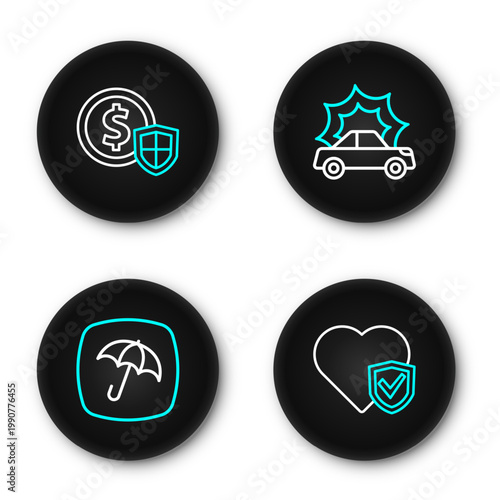 Set line Life insurance with shield, Umbrella, Car accident and Money icon. Vector