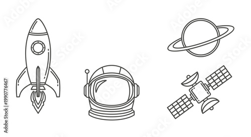 Set of Space Exploration Icons Including Rocket, Helmet, Planet, and Satellite.