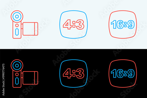 Set line Photo frame 16, Cinema camera and 4 icon. Vector