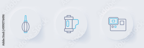 Set line Action extreme camera, Camera film roll cartridge and Dust blower icon. Vector