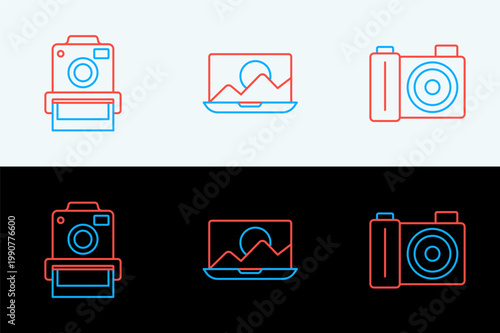 Set line Photo camera, and retouching icon. Vector