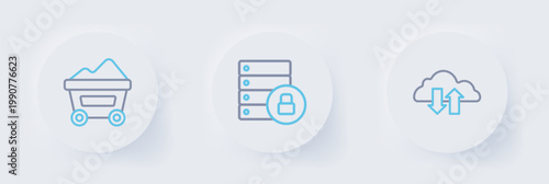 Set line Cloud download and upload, Server security with padlock and Coal mine trolley icon. Vector