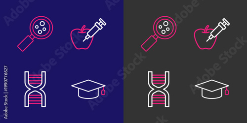 Set line Graduation cap, DNA symbol, Genetically modified apple and Microorganisms under magnifier icon. Vector