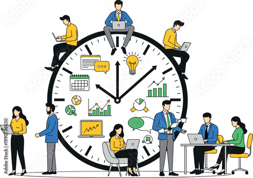 Illustration of Business people around giant clock with office work icons