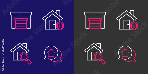 Set line Real estate message house, Search, House under protection and Garage icon. Vector