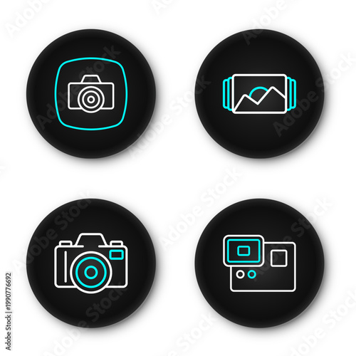 Set line Action extreme camera, Photo, frame and icon. Vector
