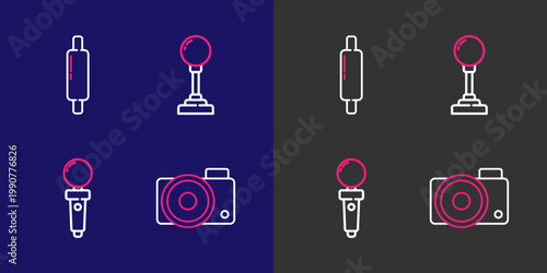Set line Photo camera, Joystick for arcade machine, and Rolling pin icon. Vector