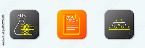 Set line Money bag and coin, Finance document and Gold bars icon. Vector
