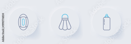 Set line Punching bag, Badminton shuttlecock and American Football ball icon. Vector