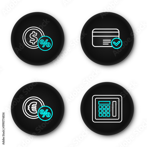 Set line Safe, Money coin with percent, Credit card and icon. Vector