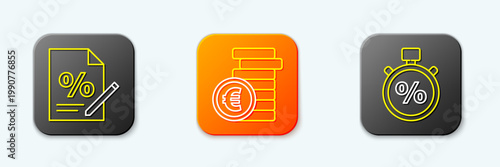 Set line Finance document, Coin money with euro symbol and Stopwatch and percent icon. Vector