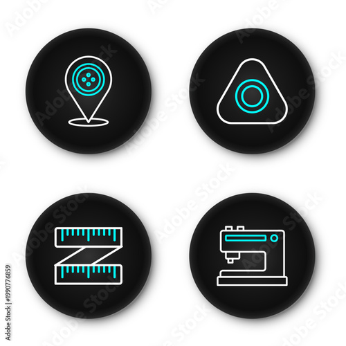 Set line Sewing machine, Tape measure, chalk and Location tailor shop icon. Vector