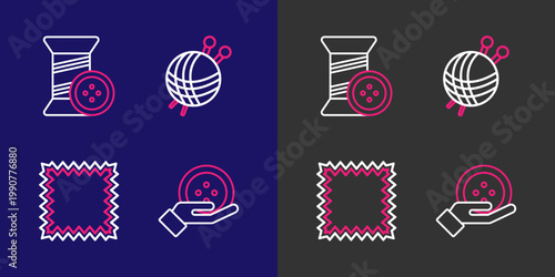 Set line Sewing button, Leather, Yarn ball with knitting needles and thread and icon. Vector
