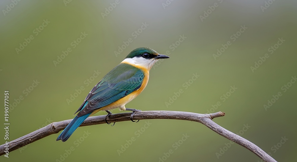 Obraz premium A vibrant bird perched elegantly on a slender branch against a blurred green backdrop