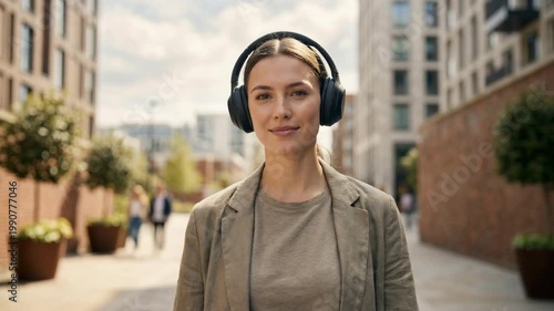 Confident Young Woman Walking In Sunny City Enjoying Music With Headphones. Music Lover And Sunny Day Help Define The Subject Posture