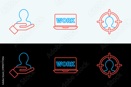 Set line Head hunting concept, Hand for search people and Laptop with text work icon. Vector