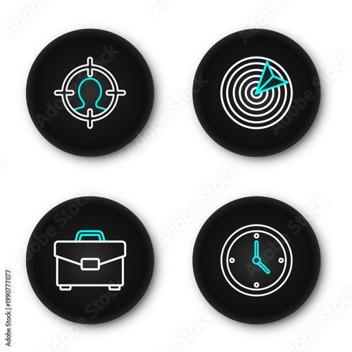 Set line Clock, Briefcase, Target sport and Head hunting concept icon. Vector