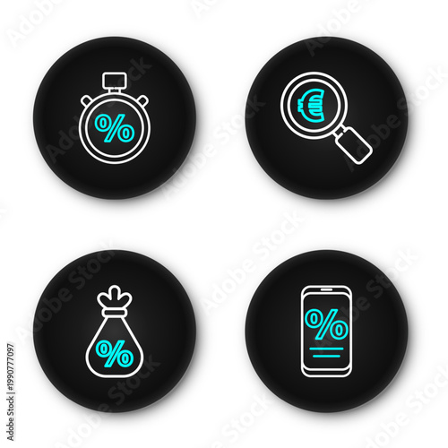 Set line Percent discount and mobile, Money bag with percent, Magnifying glass euro and Stopwatch icon. Vector