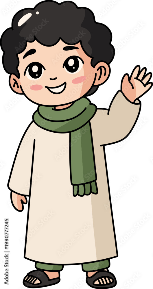 Obraz premium Muslim Boy Waving Friendly Eid Greeting