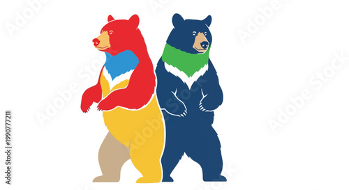 Two stylized bears wearing colorful scarves standing side by side