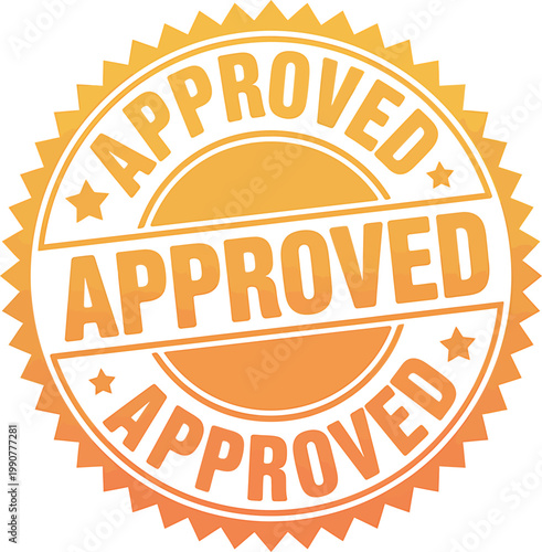 Orange approved stamp with serrated edges and text on white background