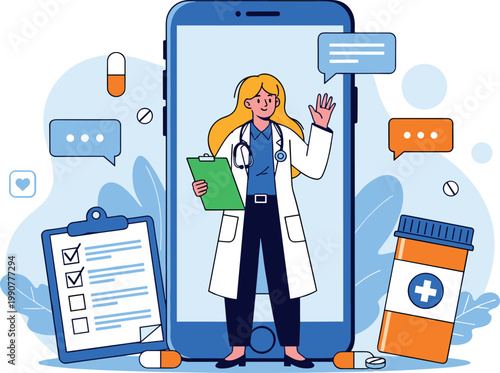 Female doctor with tablet standing in front of smartphone