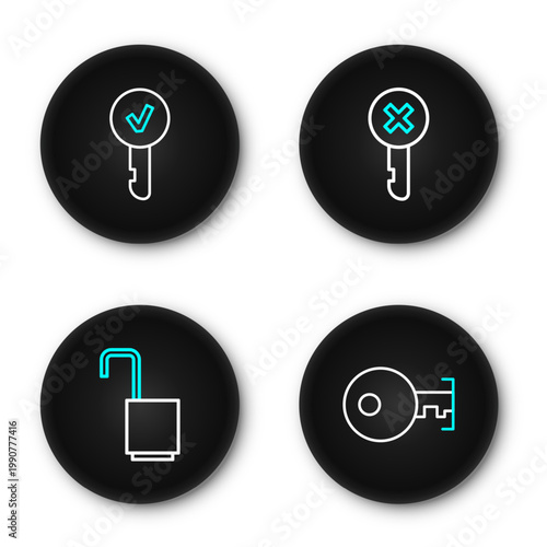 Set line Key, Open padlock, Wrong key and icon. Vector