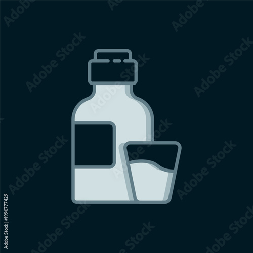 Line Bottle of medicine syrup and dose measuring cup solid icon isolated on black background. Flat filled outline style with shadow. Vector
