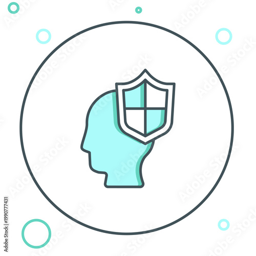 Line Human head with shield icon isolated on white background. Colorful outline concept. Vector