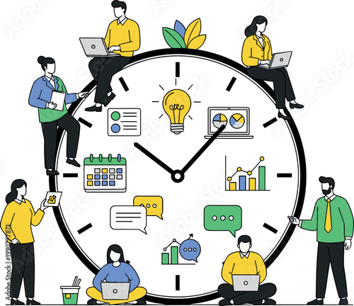 Illustration of Business people around clock with ideas and graphs