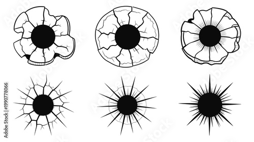 A diverse collection of black and white bullet holes illustrating various impact and crack patterns.