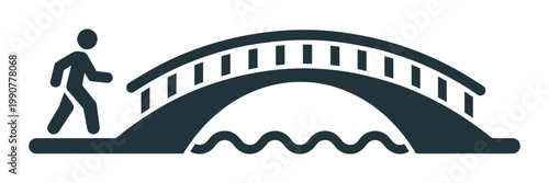 Arched pedestrian bridge icon with person walking over water