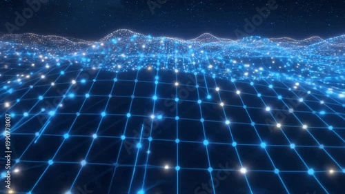 Futuristic Digital Data Network Visualization with Glowing Lights and Grid Pattern.