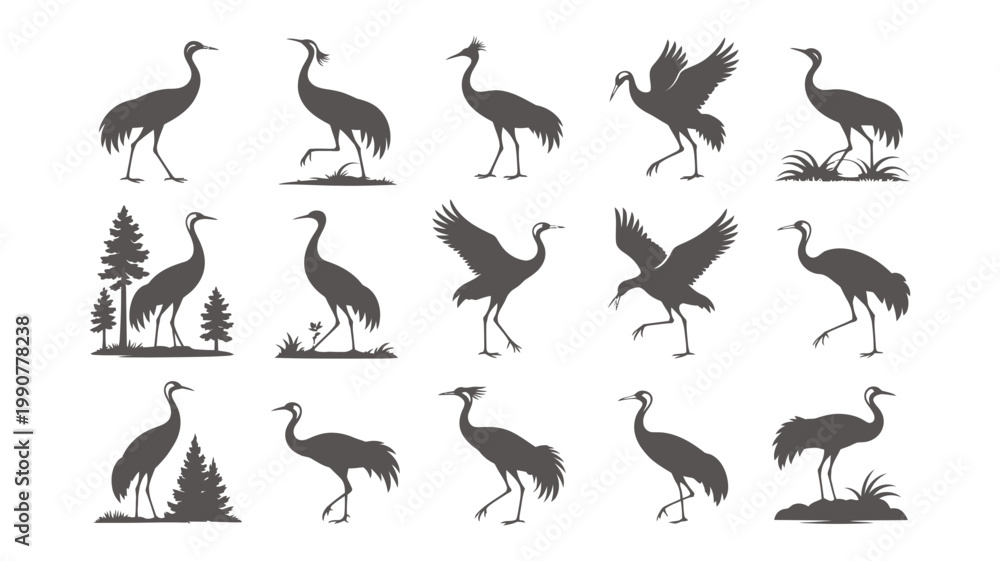 Fototapeta premium A grid of fifteen silhouette illustrations showcasing different poses and actions of elegant cranes.