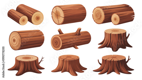 A varied collection of natural wood logs and tree stumps, highlighting rustic timber materials.
