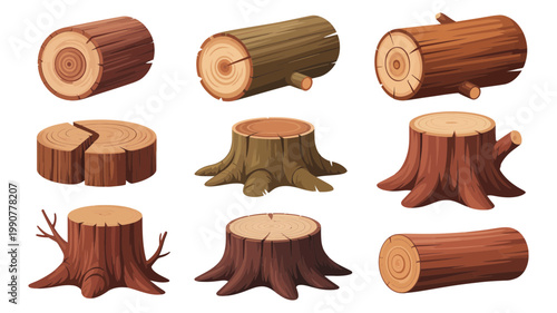 A rustic assortment of natural wood logs and tree stumps, representing forest and timber elements.