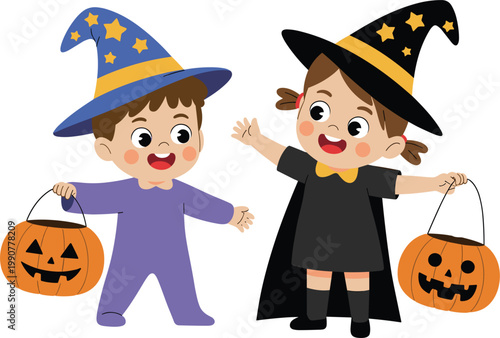 Children in wizard costumes trick or treating with jack o lantern bags