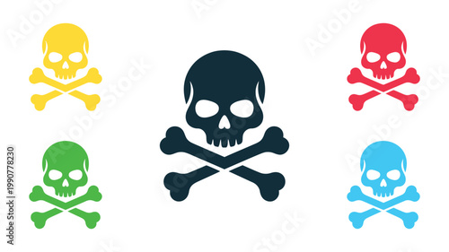 A diverse group of yellow, red, green, and blue skull and crossbones symbols arranged with a central dark skull.