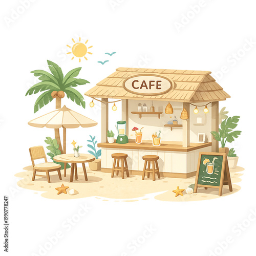 beachside café, tropical cafe vibes, seaside coffee shop, tropical restaurant scene, beach bar concept, ocean view cafe, summer cafe atmosphere, coastal dining experience, palm tree setting, tropical 
