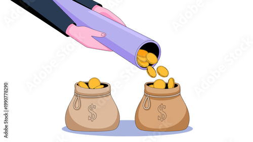 A person's hand in a business suit pours gold coins from a purple tube into two brown sacks.