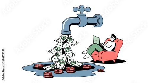 A person is relaxing in a red chair using a laptop while money flows from a faucet into a pool.